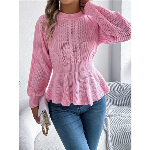 Cable Knit Round Neck Peplum Sweater - Picture 7 of 16